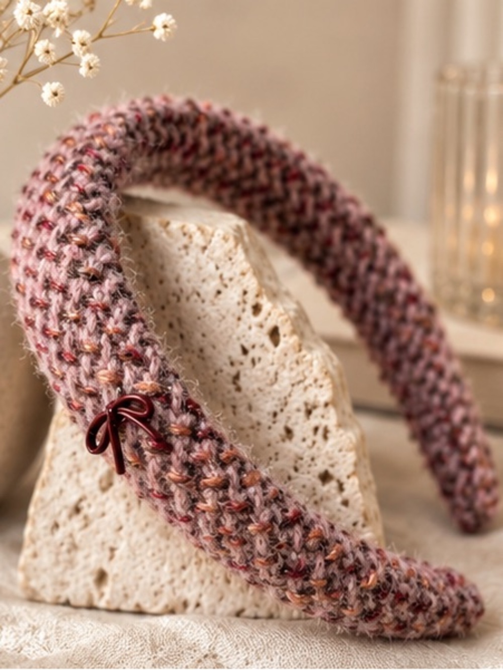 Pink and Burgundy Tweed Bow Padded Headband Designer Inspired
